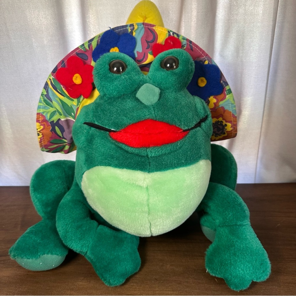 Ace Big Lips Kissing Woman Lady Girl Frog Toad Floral Yellow Hat Plush 13” VTG